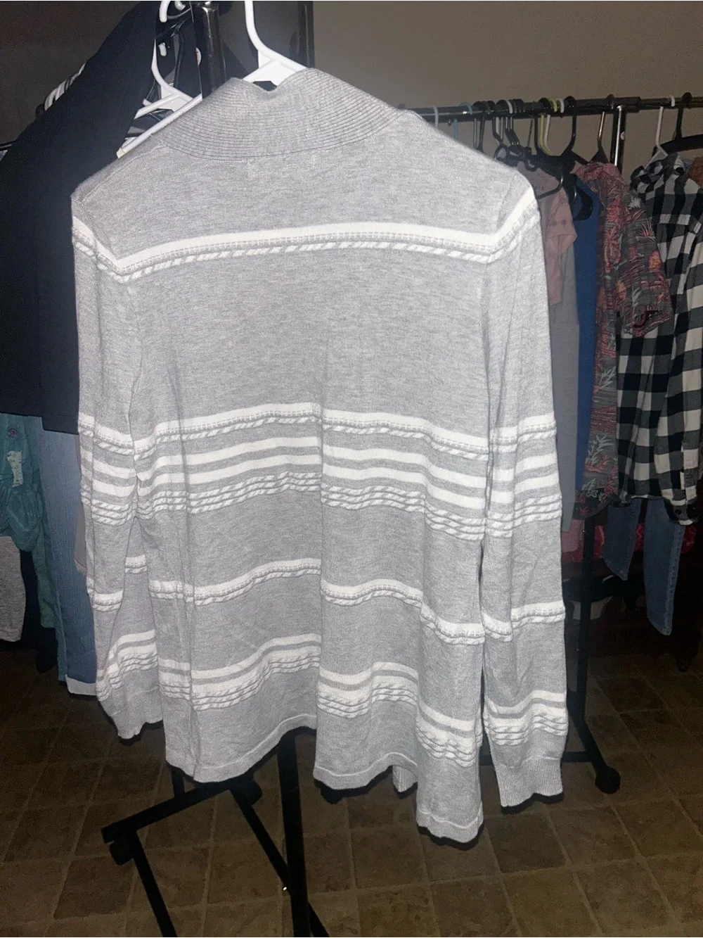Women’s Gray and White Open Front Striped Sweater Cardigan